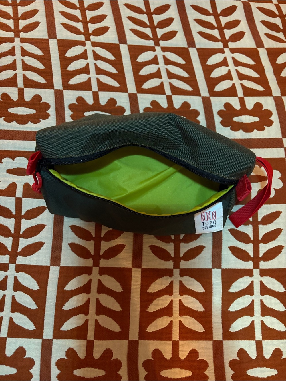 Topo Designs Olive Green Toiletry Pouch with Red Pulls